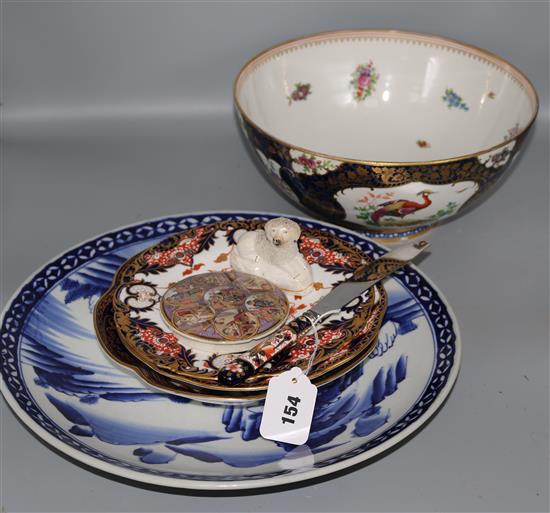 A Pheasant bowl, Derby plates & knife etc